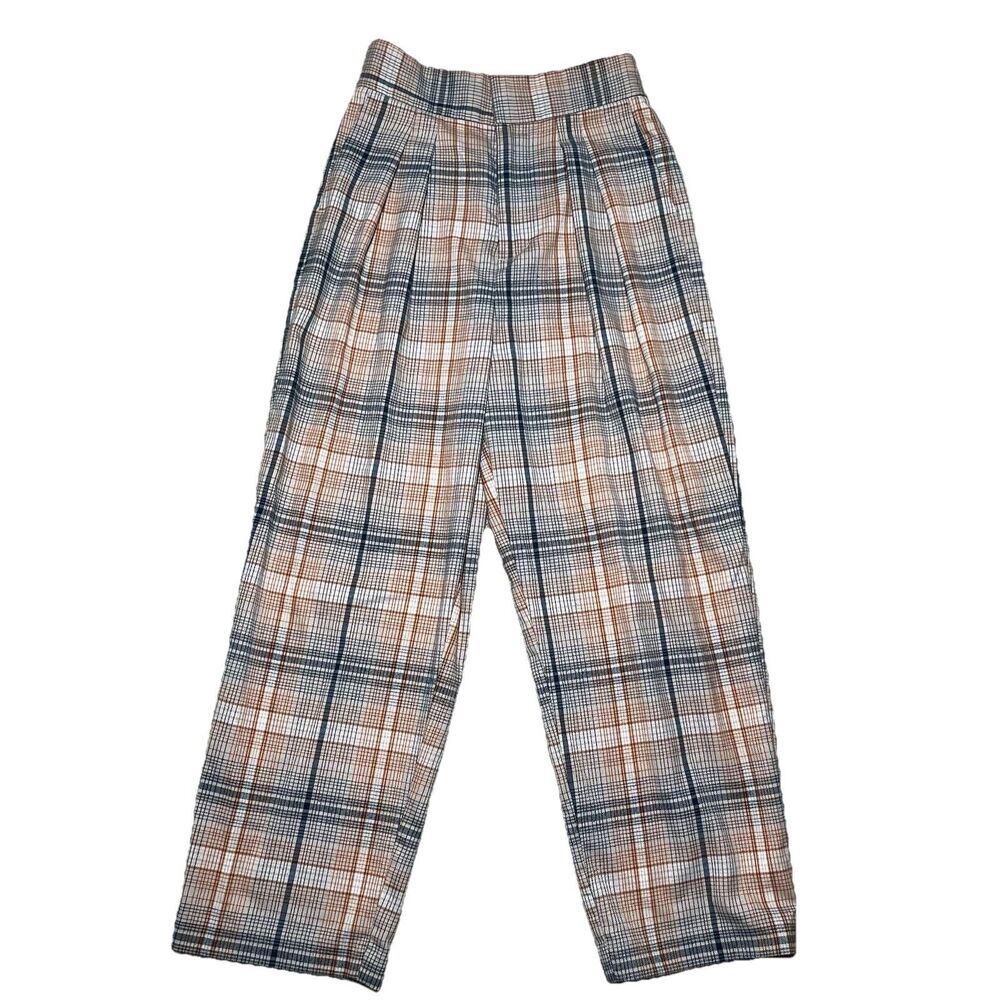 Urban Outfitters Tartan Plaid High Rise Trouser Pants Womens Small Tan Blue Fall